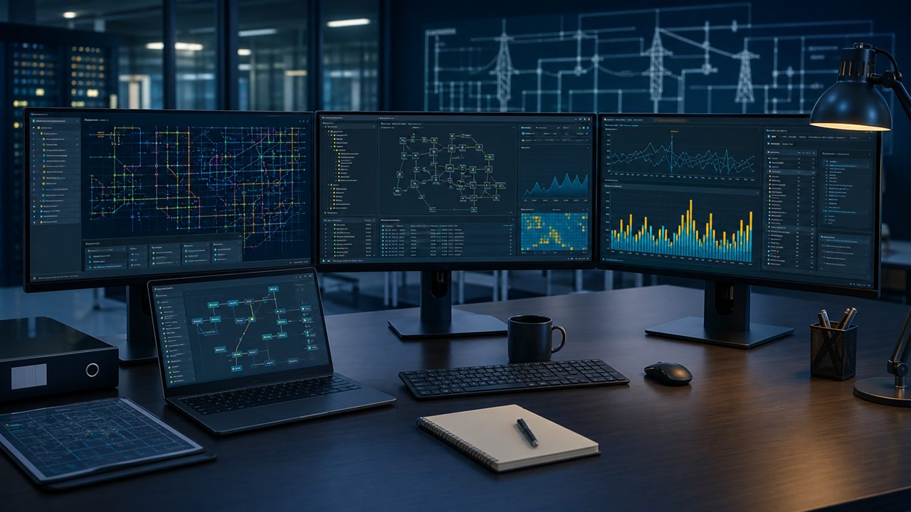 Power-system software workflow shown on engineering monitors